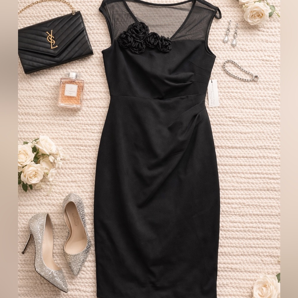 Eliza J Black Dress Size 8 NWT Mesh Bodice Floral Appliqué Cocktail Elegant